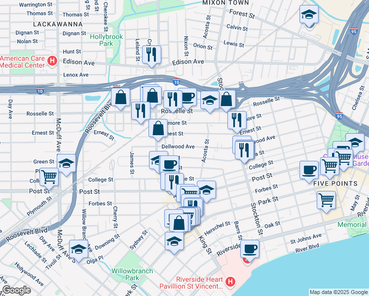 map of restaurants, bars, coffee shops, grocery stores, and more near 2658 Dellwood Avenue in Jacksonville