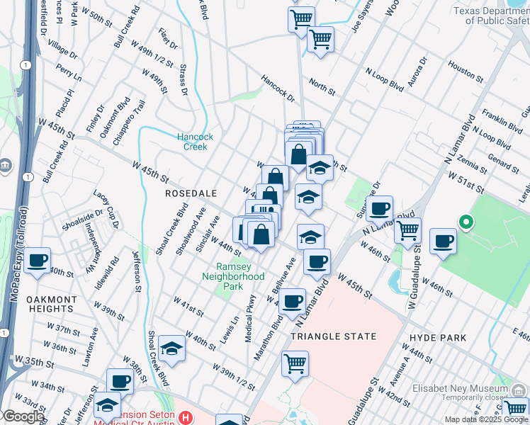 map of restaurants, bars, coffee shops, grocery stores, and more near 4513 Rosedale Avenue in Austin