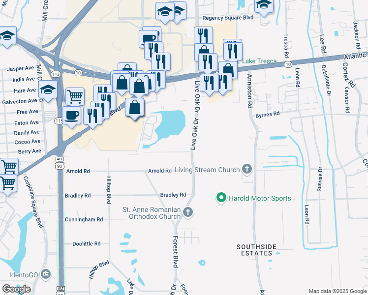 map of restaurants, bars, coffee shops, grocery stores, and more near 9999 Jeanette Road in Jacksonville