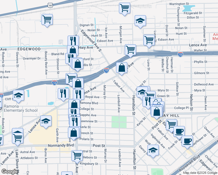 map of restaurants, bars, coffee shops, grocery stores, and more near 4654 Buxton Street in Jacksonville