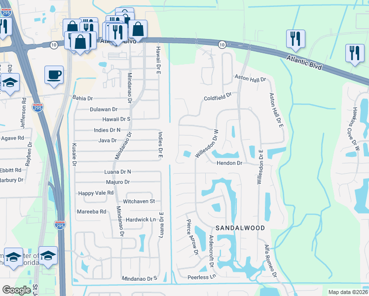map of restaurants, bars, coffee shops, grocery stores, and more near 11120 Tiverton Court in Jacksonville