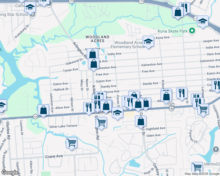 map of restaurants, bars, coffee shops, grocery stores, and more near 7638 Dandy Avenue in Jacksonville