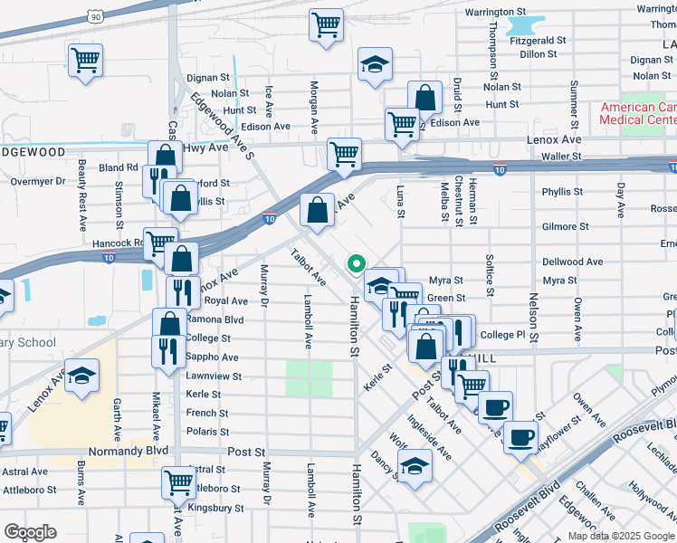 map of restaurants, bars, coffee shops, grocery stores, and more near 596 Edgewood Avenue South in Jacksonville