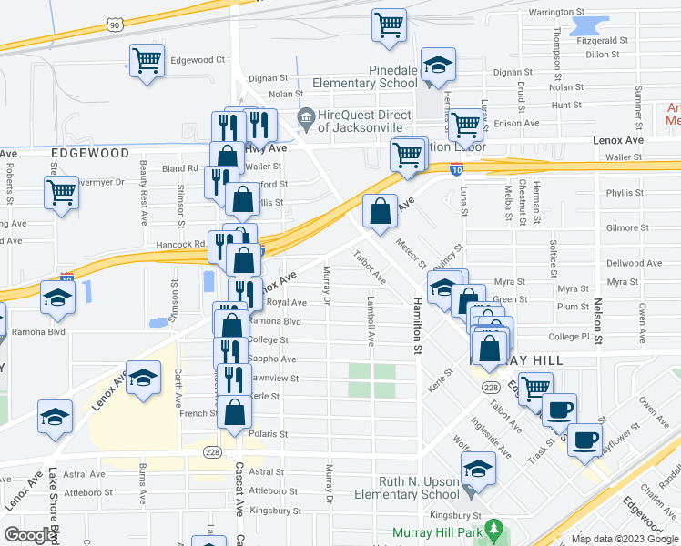 map of restaurants, bars, coffee shops, grocery stores, and more near 4654 Buxton Street in Jacksonville