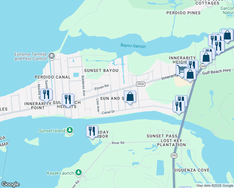 map of restaurants, bars, coffee shops, grocery stores, and more near 5730 Dune Avenue in Pensacola
