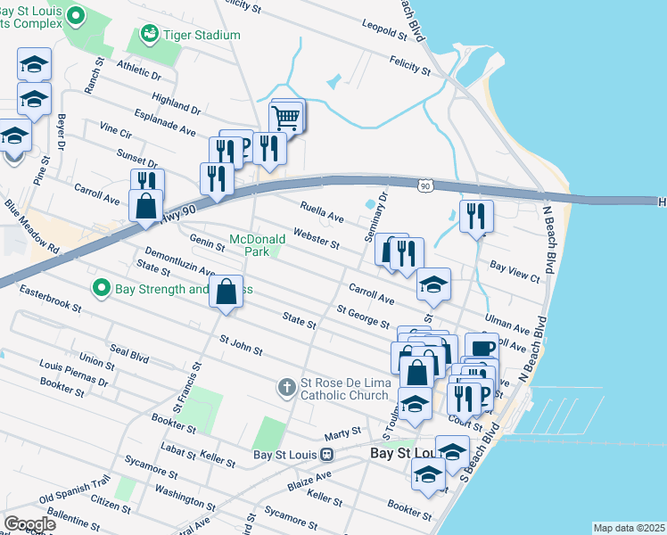 map of restaurants, bars, coffee shops, grocery stores, and more near 408 Ulman Ave in Bay St. Louis