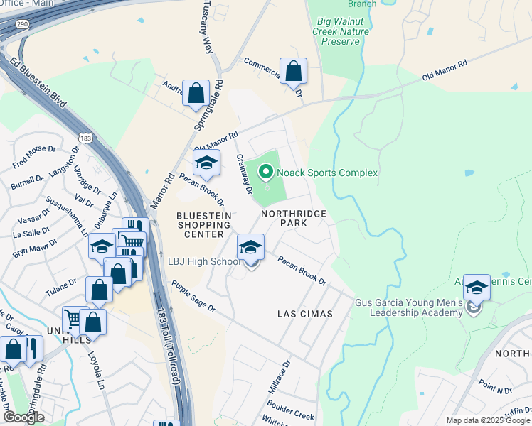 map of restaurants, bars, coffee shops, grocery stores, and more near 7517 Lazy Creek Drive in Austin