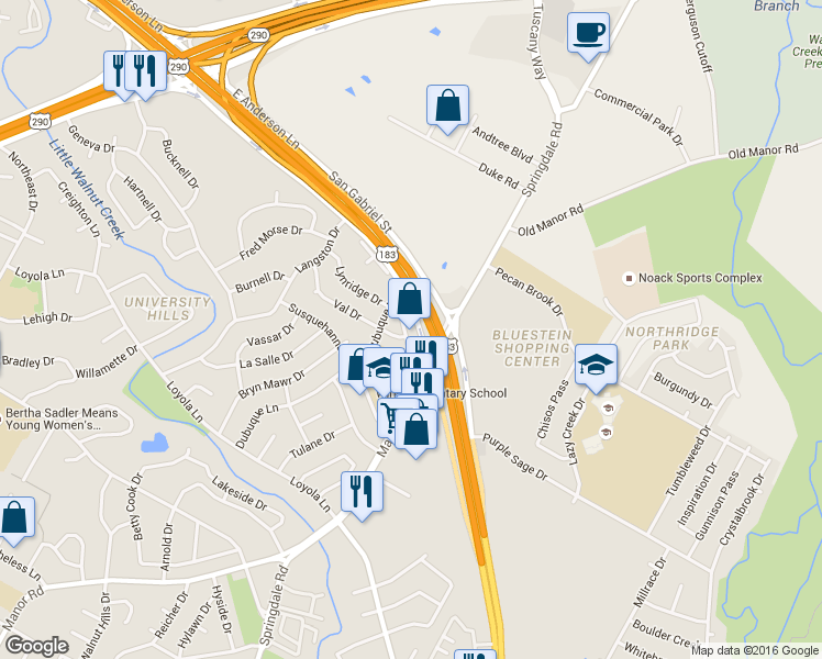 map of restaurants, bars, coffee shops, grocery stores, and more near 3407 Lynridge Drive in Austin