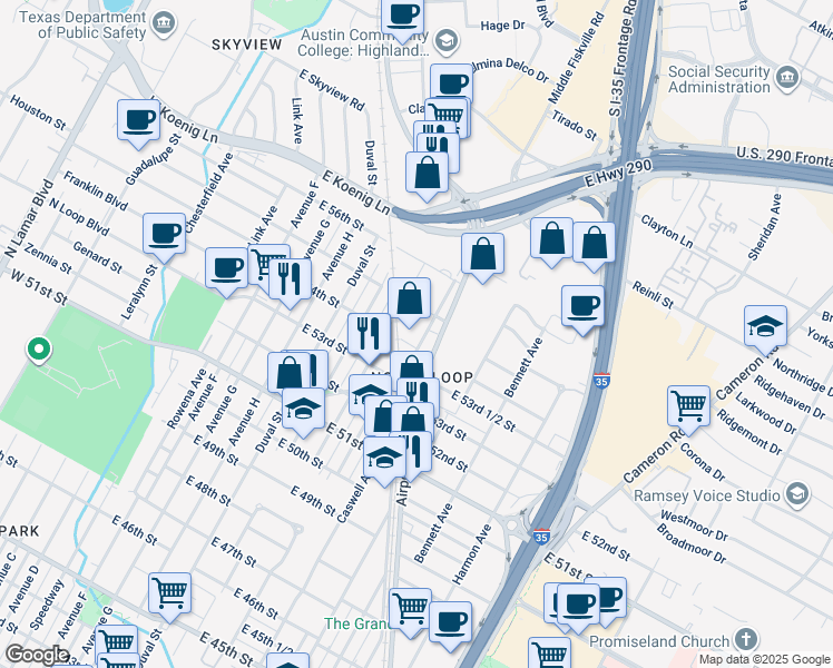 map of restaurants, bars, coffee shops, grocery stores, and more near 5406 Middle Fiskville Road in Austin