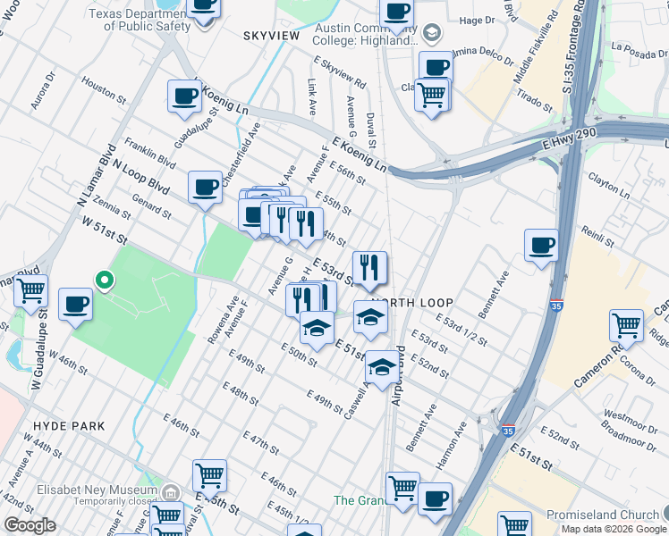 map of restaurants, bars, coffee shops, grocery stores, and more near 5214 Duval Street in Austin