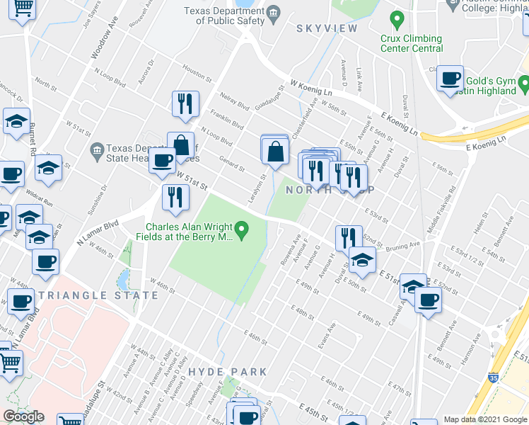map of restaurants, bars, coffee shops, grocery stores, and more near 210 West 51st Street in Austin