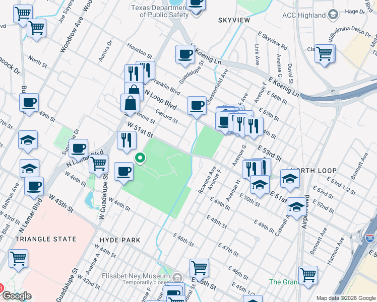 map of restaurants, bars, coffee shops, grocery stores, and more near 210 West 51st Street in Austin