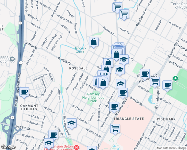 map of restaurants, bars, coffee shops, grocery stores, and more near 4505 Ramsey Avenue in Austin