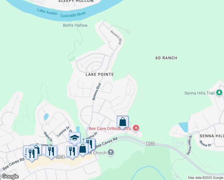 map of restaurants, bars, coffee shops, grocery stores, and more near 10716 Pointe View Drive in Austin