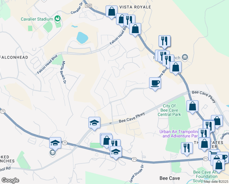 map of restaurants, bars, coffee shops, grocery stores, and more near 4104 Gandara Bend in Bee Cave