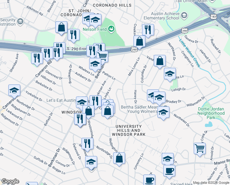 map of restaurants, bars, coffee shops, grocery stores, and more near 6404 Kenilworth Drive in Austin
