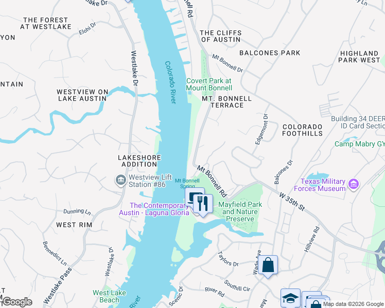 map of restaurants, bars, coffee shops, grocery stores, and more near 3408 Mount Bonnell Road in Austin