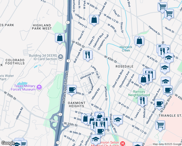 map of restaurants, bars, coffee shops, grocery stores, and more near 4301 1/2 Anthem Drive in Austin