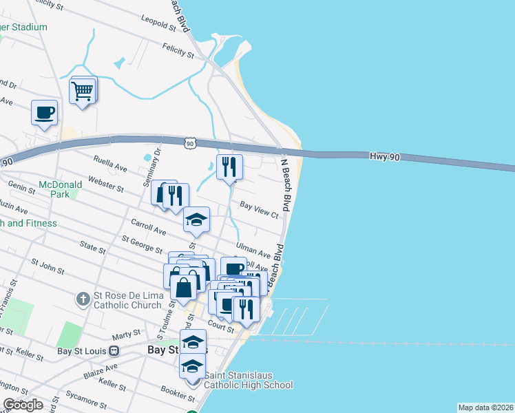 map of restaurants, bars, coffee shops, grocery stores, and more near 109 Bay View Ct in Bay St. Louis