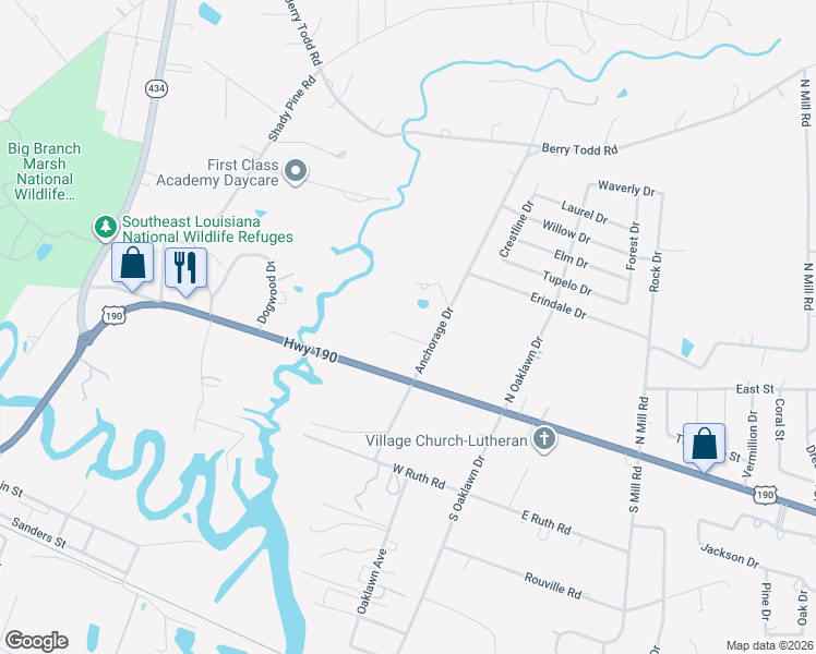 map of restaurants, bars, coffee shops, grocery stores, and more near 61117 Anchorage Drive in Lacombe