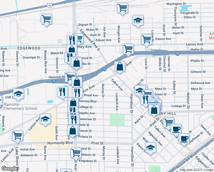 map of restaurants, bars, coffee shops, grocery stores, and more near 4650 Buxton Street in Jacksonville