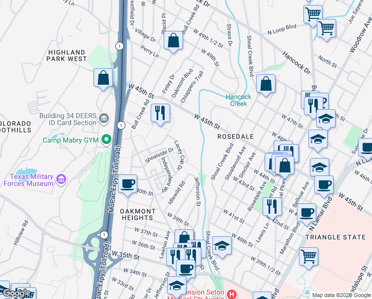 map of restaurants, bars, coffee shops, grocery stores, and more near 4718 Unity Circle in Austin