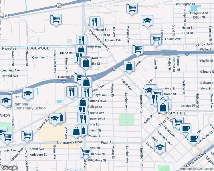 map of restaurants, bars, coffee shops, grocery stores, and more near 4742 Lenox Avenue in Jacksonville