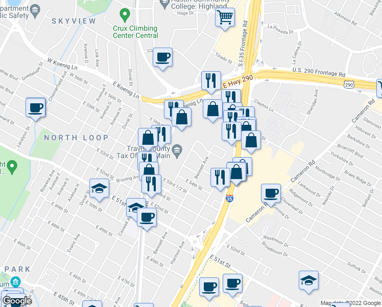 map of restaurants, bars, coffee shops, grocery stores, and more near 901 East 55th 1/2 Street in Austin