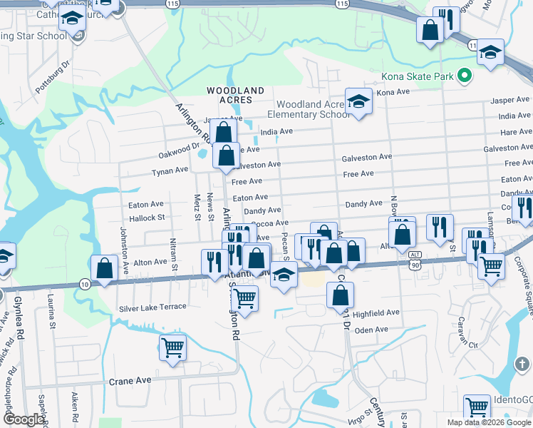 map of restaurants, bars, coffee shops, grocery stores, and more near 7638 Dandy Avenue in Jacksonville