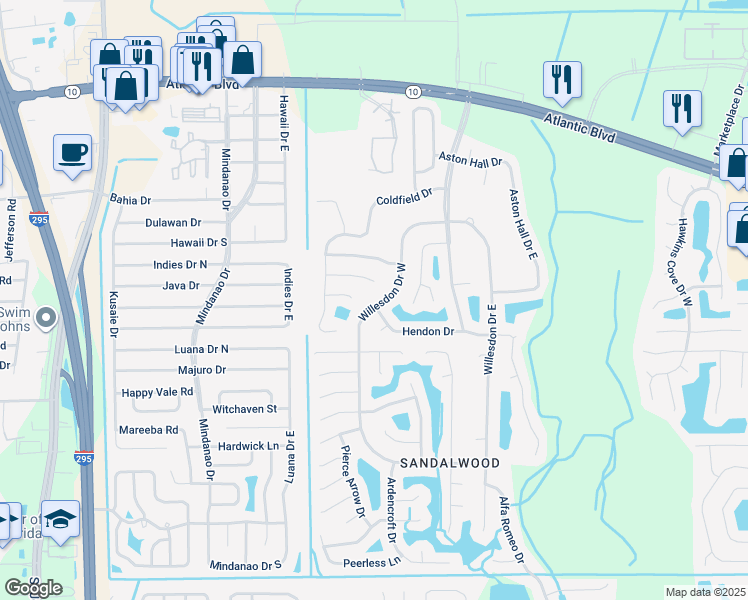 map of restaurants, bars, coffee shops, grocery stores, and more near 1939 Willesdon Drive West in Jacksonville