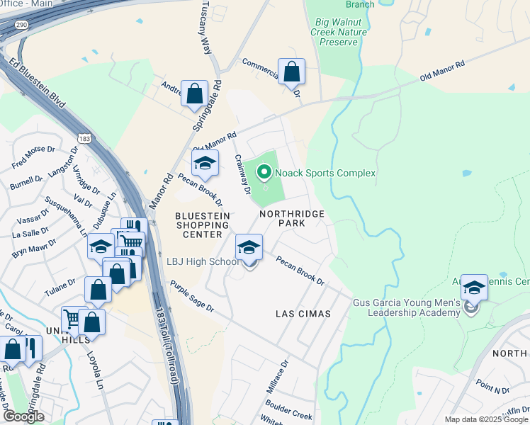 map of restaurants, bars, coffee shops, grocery stores, and more near 7517 Lazy Creek Drive in Austin