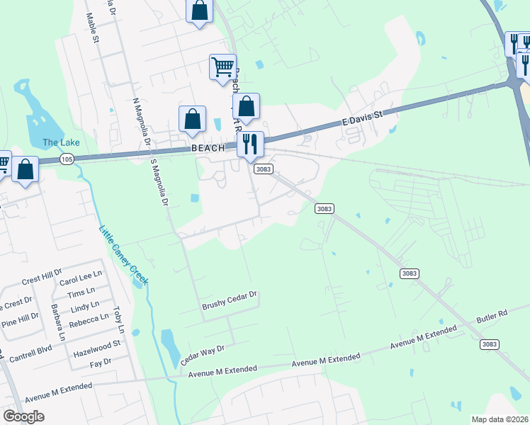 map of restaurants, bars, coffee shops, grocery stores, and more near 319 Woolridge Drive in Conroe
