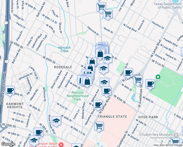 map of restaurants, bars, coffee shops, grocery stores, and more near 4513 Rosedale Avenue in Austin