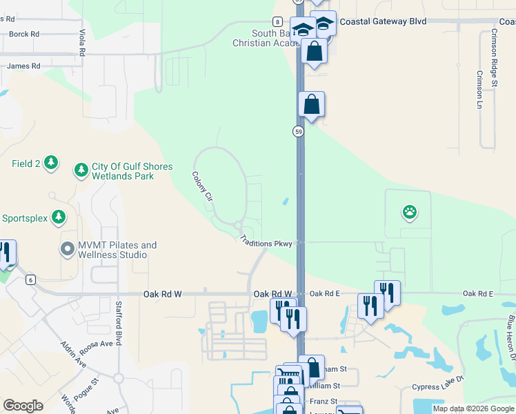 map of restaurants, bars, coffee shops, grocery stores, and more near Carpenter Lane in Gulf Shores