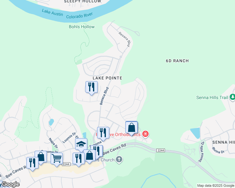 map of restaurants, bars, coffee shops, grocery stores, and more near 10716 Pointe View Drive in Austin