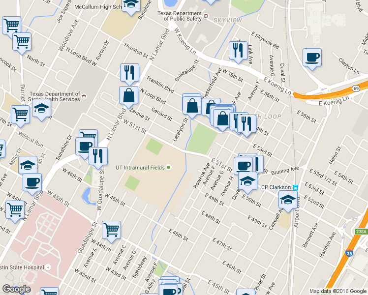 map of restaurants, bars, coffee shops, grocery stores, and more near 210 West 51st Street in Austin
