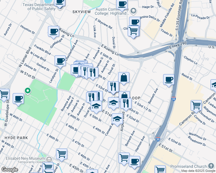 map of restaurants, bars, coffee shops, grocery stores, and more near 5306 Evans Avenue in Austin