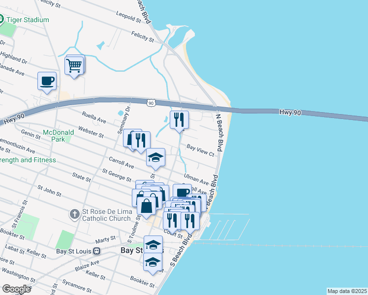 map of restaurants, bars, coffee shops, grocery stores, and more near 122 Bayview Court in Bay St. Louis