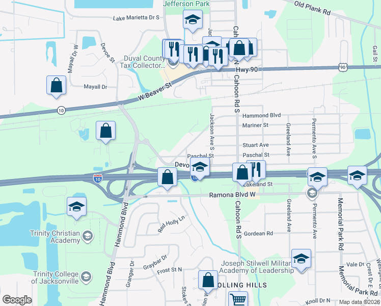 map of restaurants, bars, coffee shops, grocery stores, and more near 8275 Paschal Street in Jacksonville