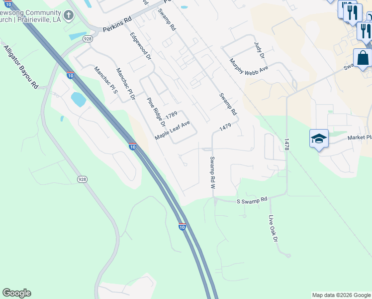 map of restaurants, bars, coffee shops, grocery stores, and more near 36368 Desoto Street in Prairieville