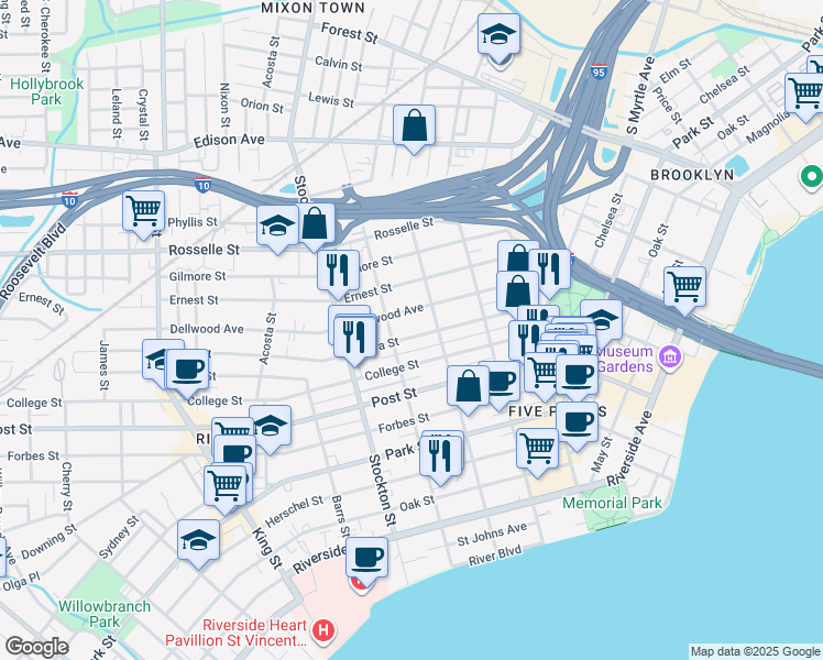 map of restaurants, bars, coffee shops, grocery stores, and more near 2237 Myra Street in Jacksonville