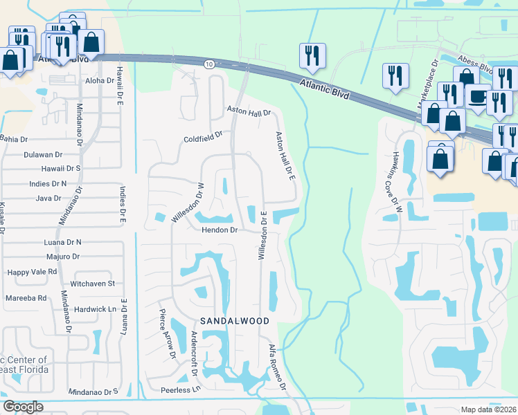 map of restaurants, bars, coffee shops, grocery stores, and more near 1890 Willesdon Drive East in Jacksonville