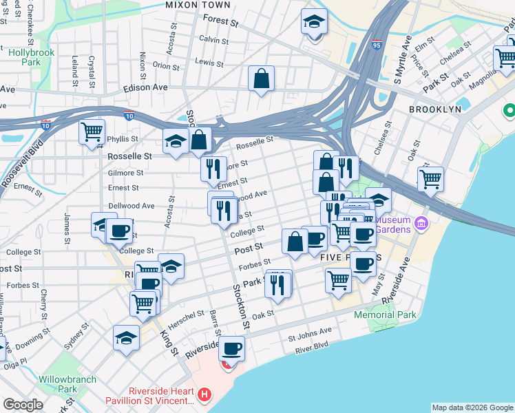map of restaurants, bars, coffee shops, grocery stores, and more near 2237 Myra Street in Jacksonville