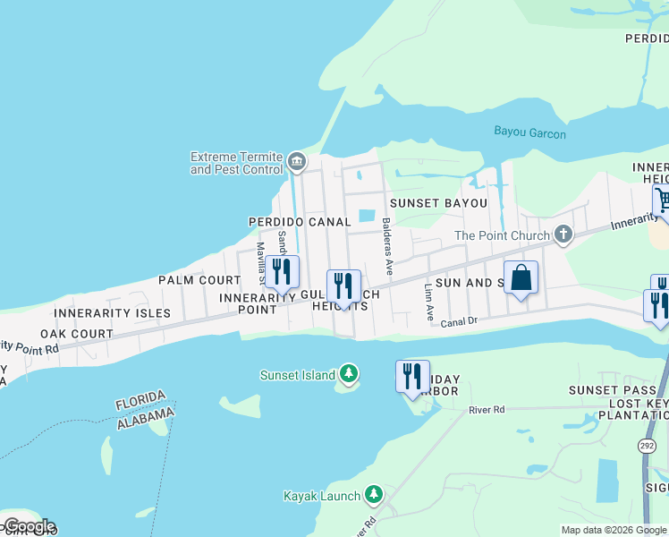 map of restaurants, bars, coffee shops, grocery stores, and more near 5656 Cruzat Way in Pensacola