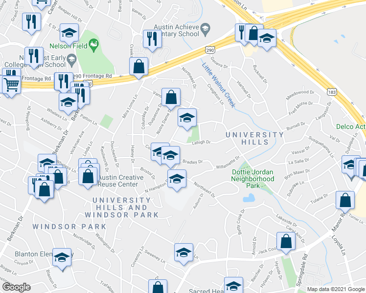 map of restaurants, bars, coffee shops, grocery stores, and more near 2307 Lehigh Drive in Austin