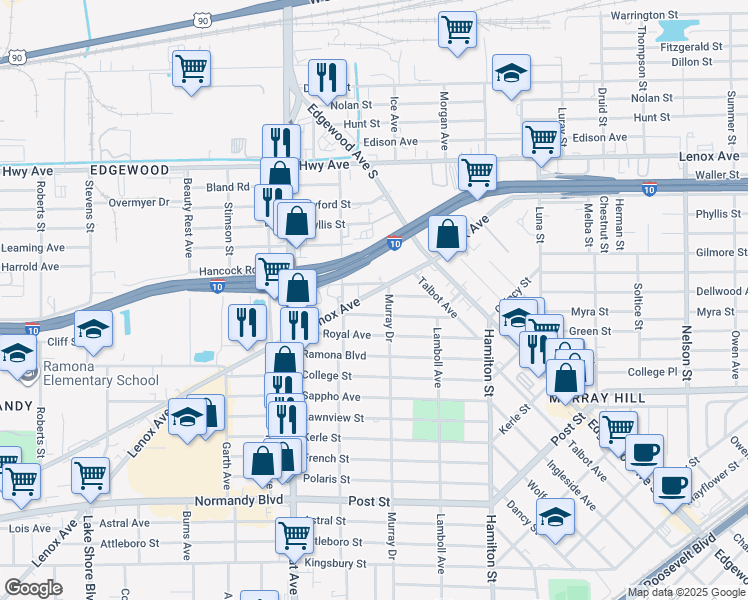 map of restaurants, bars, coffee shops, grocery stores, and more near 4742 Lenox Avenue in Jacksonville
