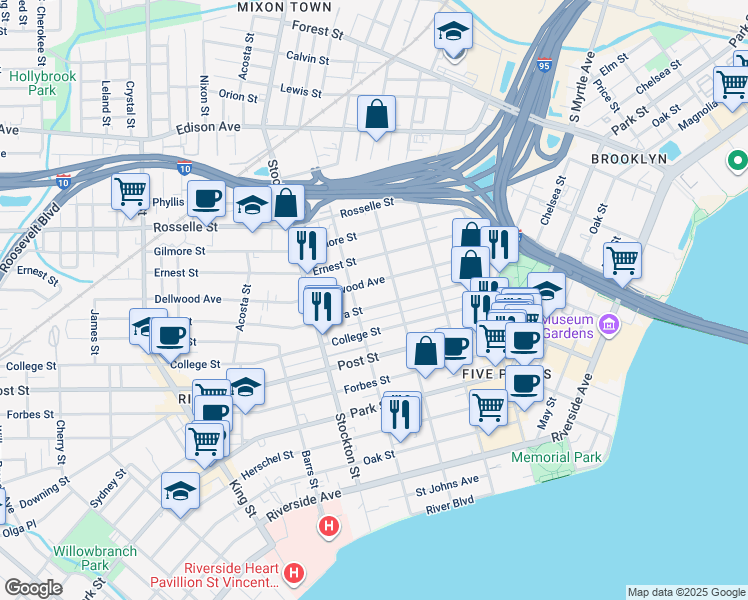 map of restaurants, bars, coffee shops, grocery stores, and more near 2237 Myra Street in Jacksonville