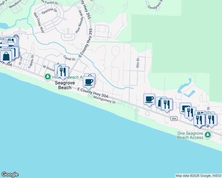 map of restaurants, bars, coffee shops, grocery stores, and more near 75 North Andalusia Avenue in Santa Rosa Beach