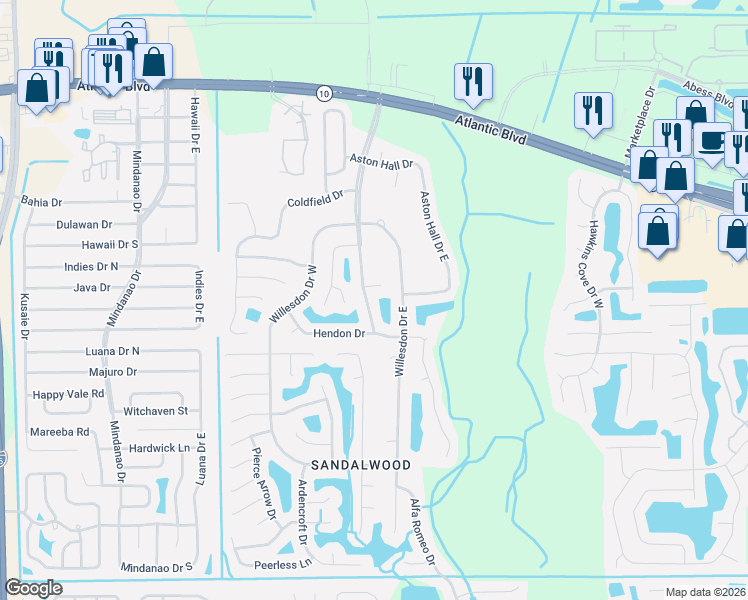map of restaurants, bars, coffee shops, grocery stores, and more near 1890 Willesdon Drive East in Jacksonville
