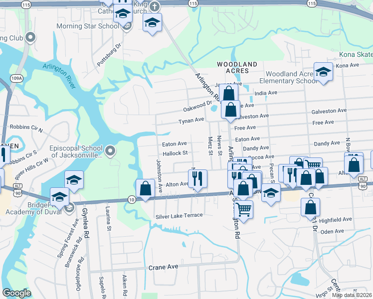 map of restaurants, bars, coffee shops, grocery stores, and more near 7129 Hallock Street in Jacksonville